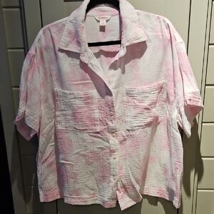 Joe Fresh White and Pink Muslin Cotton Buttondown Short Sleeve Shirt Sz 1X